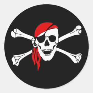 Adesivo Redondo Crânio e Crossbones do pirata com Bandana vermelh