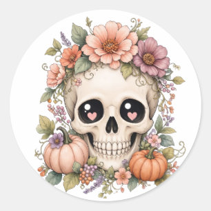 Adesivo Redondo Cranio Fofo Pastel PNG Flores e Coquette de Outo