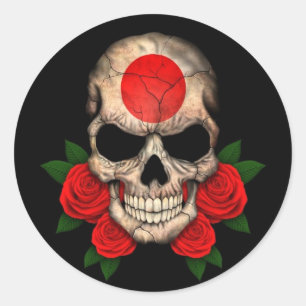 Adesivo Redondo Crânio japonês da bandeira com rosas vermelhas