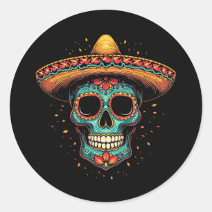 Adesivo Redondo Crânio Mexicano Sombrero - Día de los Muertos