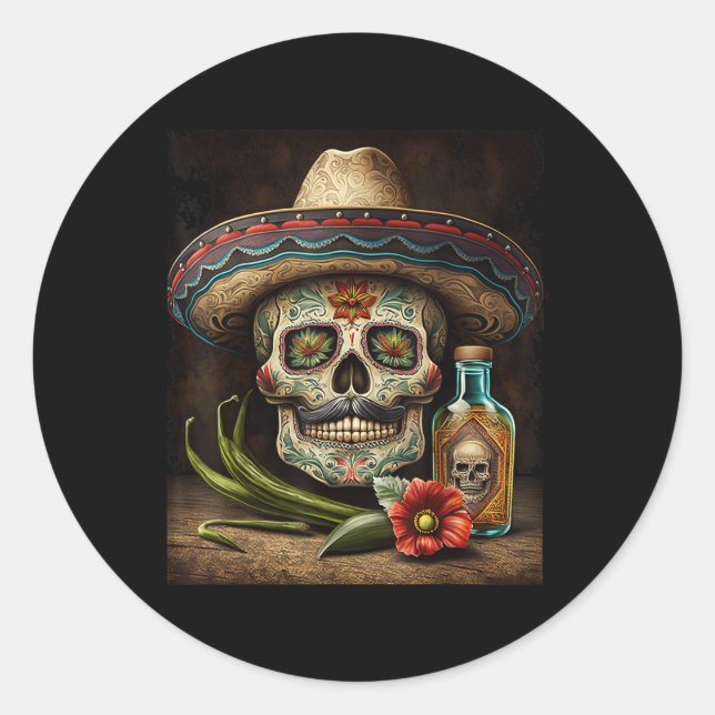 Adesivo Redondo Crânio Mexicano Tequila Sombrero Cinco De Mayo (Frente)