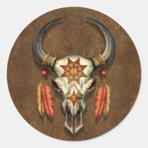 Adesivo Redondo Crânio nativo decorado de Bull com penas