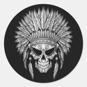 Adesivo Redondo Crânio Nativo Escuro com Headdress