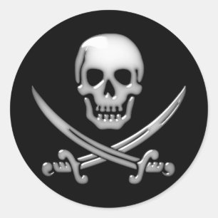 Adesivo Redondo Crânio Pirata e Espadas Cruzadas
