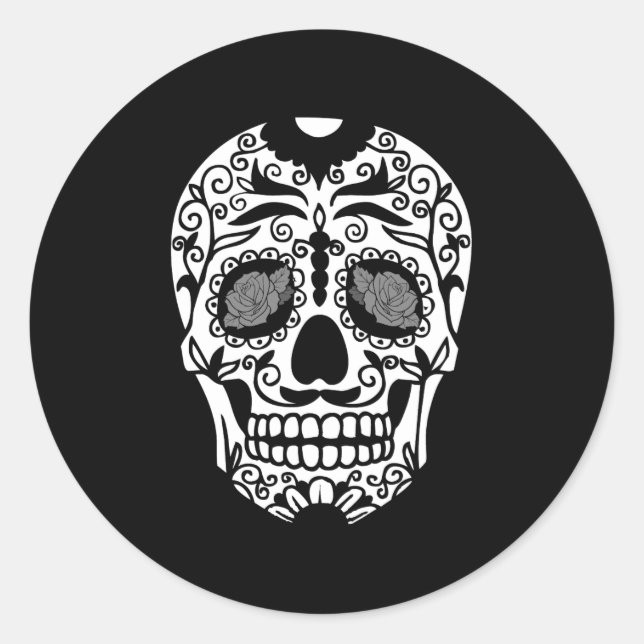 Adesivo Redondo Crânio preto e branco do açúcar com olhos (Frente)