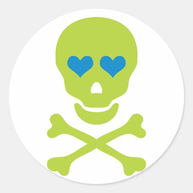 Adesivo Redondo Crânio Verde Crossbones & Heart Eyes (Frente)
