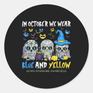 Adesivo Redondo Crânios De Açúcar Azul Halloween E Amarelo Abaixo