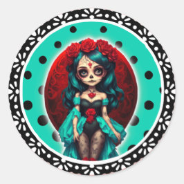 Adesivo Redondo Crânios de açúcar de chá e Rosas vermelhas