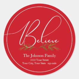 Adesivo Redondo Crê no Rótulo de Endereço de Retorno do Natal Verm