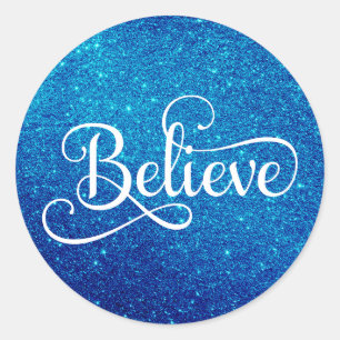Adesivo Redondo Crê no Script de Caligrafia Real Blue Faux Glitter