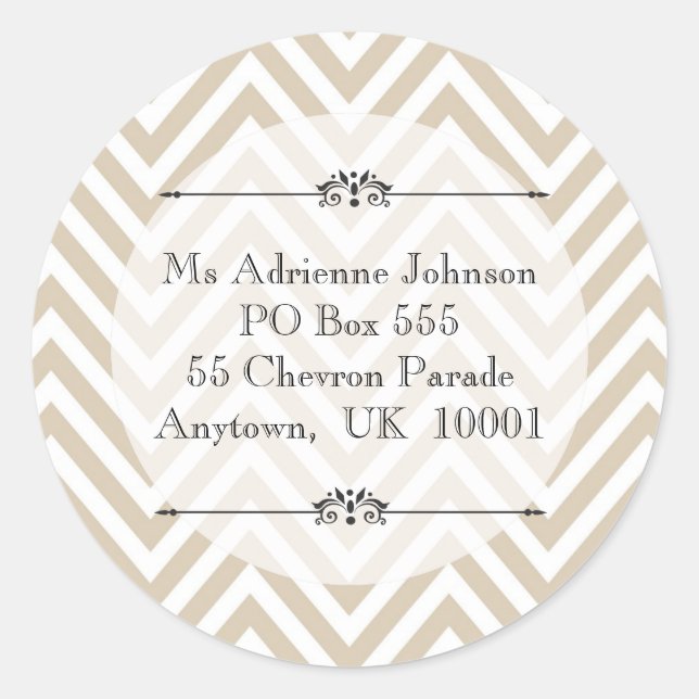 Adesivo Redondo Creamy Tan Chevron Modern Name Endereço de Devoluç (Frente)