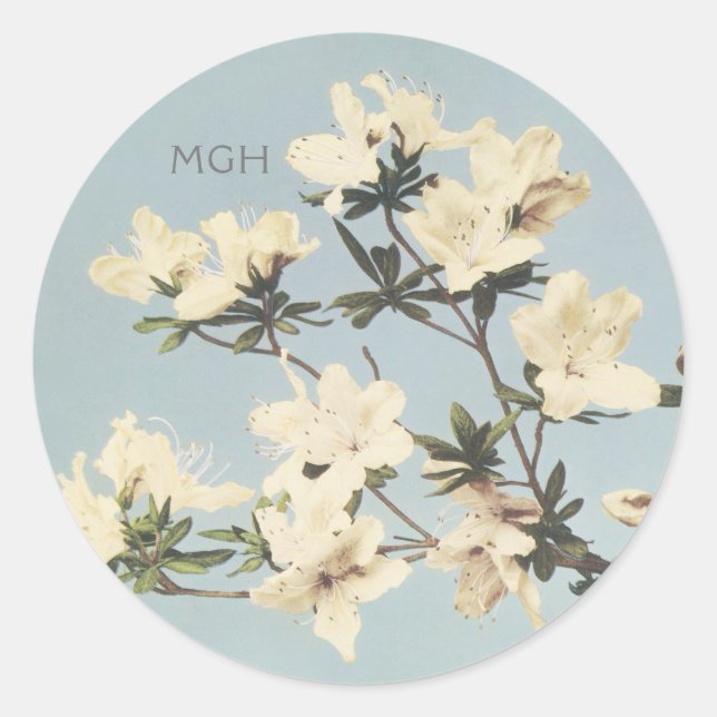 Adesivo Redondo Creme Azalea Monograma Floral Selo (Frente)