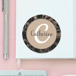 Adesivo Redondo Creme de Café Floral Elegante Nome Monogramado 