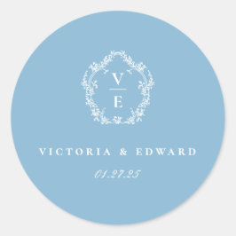 Adesivo Redondo Crest. Casamento de Monograma Azul Céu