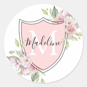 Adesivo Redondo Crest de Monograma com Nome Rosas Cor-de-Rosa