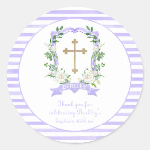 Adesivo Redondo Crest Floral Roxo Agradecimento Batismo