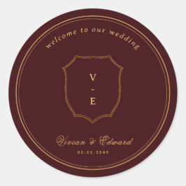Adesivo Redondo Crest Monogram Burgundy & Gold Wedding Welcome