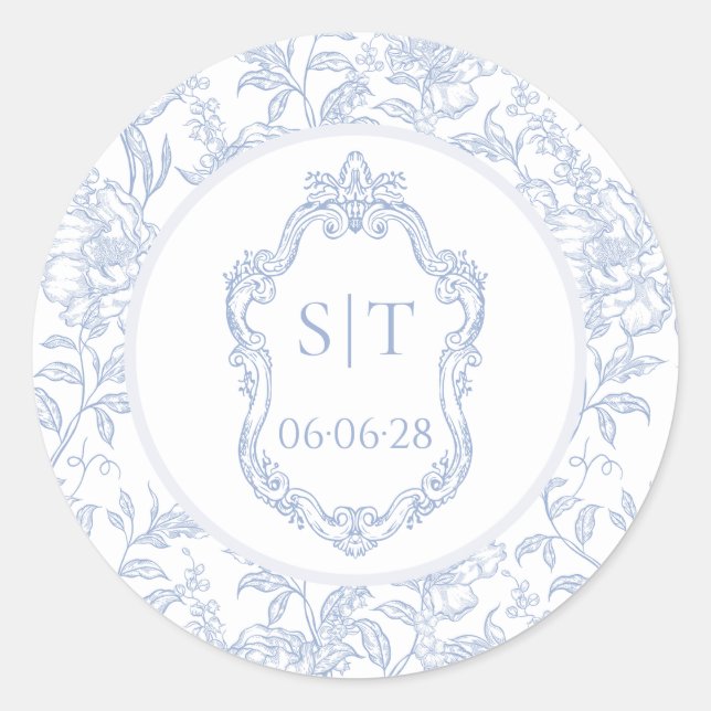 Adesivo Redondo Crest Monogram Dusty Blue Floral Wedding (Frente)