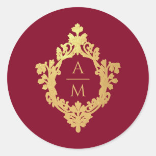 Adesivo Redondo Crest Monograma Borgonha Dourado Falso Casamento V