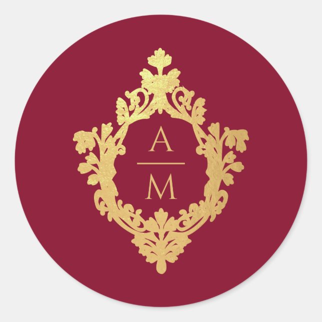 Adesivo Redondo Crest Monograma Borgonha Dourado Falso Casamento V (Frente)