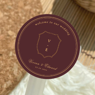 Adesivo Redondo Crest Monograma Casamento Bege e Dourado Bem-Vindo