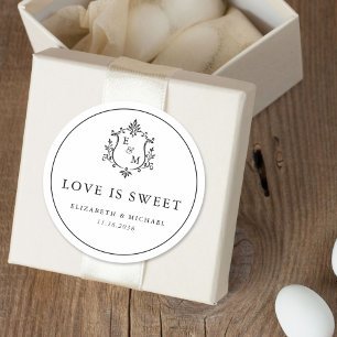 Adesivo Redondo Crest Monograma de Casamento Love Is Sweet