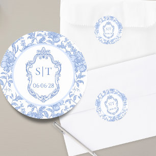 Adesivo Redondo Crest Monograma Delft Azul Floral Casamento