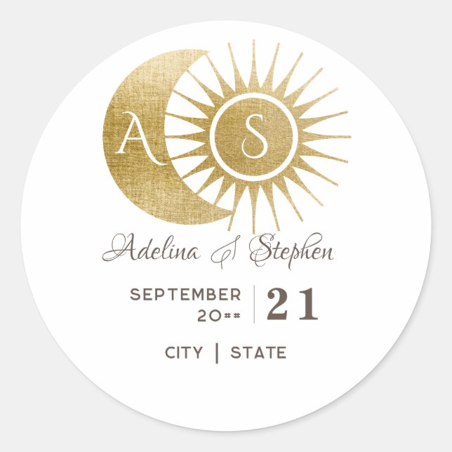 Adesivo Redondo Crest Monograma Sol Lua Dourado Branco Chic Celest (Frente)