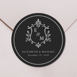 Adesivo Redondo Crestá de Casamento Elegante Monograma Preto