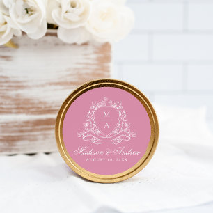 Adesivo Redondo Crestas Florais Elegantes Monograma Casamento Rosa