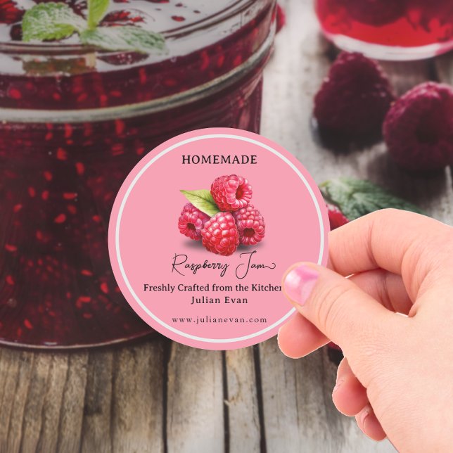 Adesivo Redondo Criado com Amar Emperramento de Framboesa (Crafted with Love Homemade Raspberry Jam Classic Round Sticker)