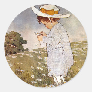 Adesivo Redondo Criança Antiga Colhendo Margaridas Bessie Pease Gu