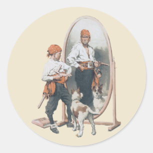 Adesivo Redondo Criança Antiga, Pirata Menino, Cachorro, Espelho, 