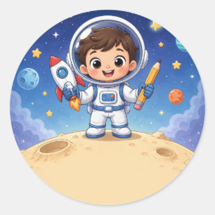Adesivo Redondo Criança Astronauta Pronta para Explorar Caderno Es