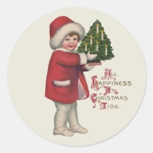 Adesivo Redondo Criança com Árvore de Natal Ilustração Antiga Arte