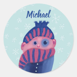 Adesivo Redondo Criança congelando Com Chapéu E Scarf Em Nome De I