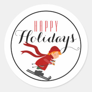 Adesivo Redondo Criança no Red Skier Happy Holiday / Branco
