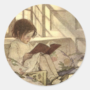 Adesivo Redondo Criança Vintage lendo um livro, Jessie Willcox Smi