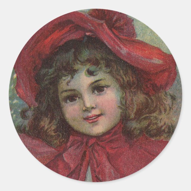 Adesivo Redondo Criança Vitoriana Red Hat Girl Retrai Ar (Frente)