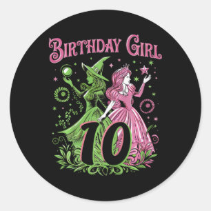 Adesivo Redondo Crianças 10º aniversário Bruxa rosa e verde 10 ano