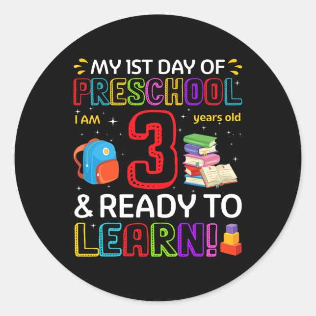 Adesivo Redondo Crianças 1rua dia de pré-escola eu tenho 3 anos e  (Frente)