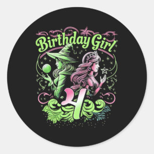 Adesivo Redondo Crianças: 4.º aniversário Bruxa rosa e verde 4 ano
