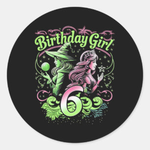 Adesivo Redondo Crianças 6 bruxas de aniversário rosa e verde de 6