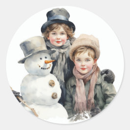 Adesivo Redondo Crianças da velha moda natalícia Snowman Watercolo