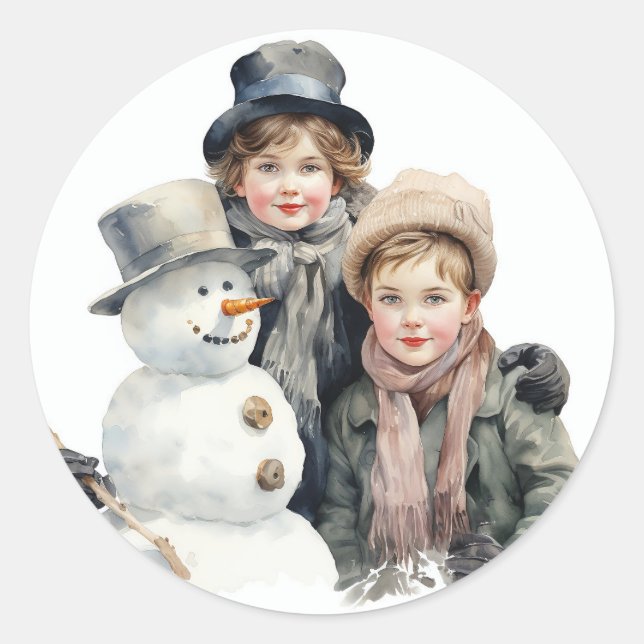 Adesivo Redondo Crianças da velha moda natalícia Snowman Watercolo (Frente)