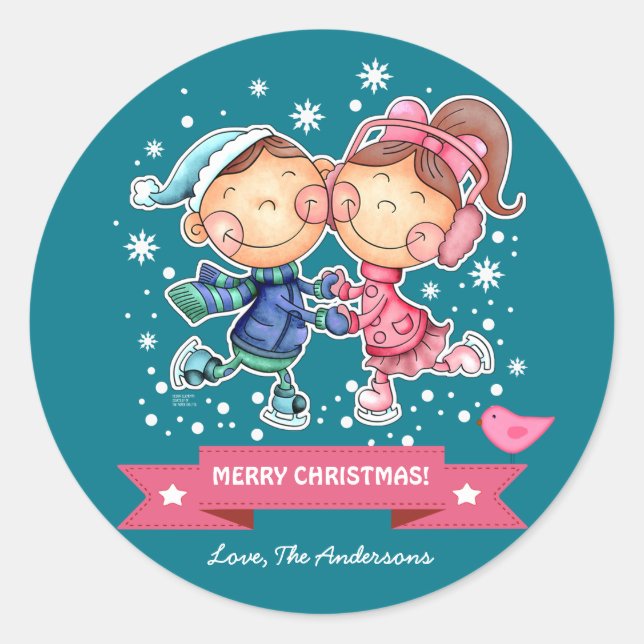 Adesivo Redondo Crianças de patinação divertida | Nome personaliza (Frente)