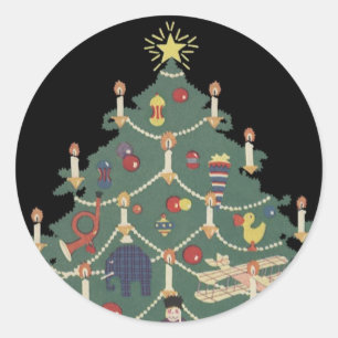 Adesivo Redondo Crianças do natal vintage em torno de uma árvore