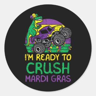 Adesivo Redondo Crianças Esmagam Mardi Gras Dino Monster Truck Fun