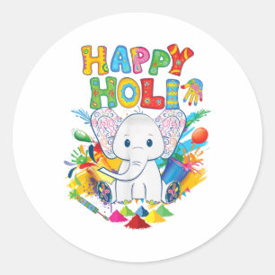 Adesivo Redondo Crianças Feliz Festival Holi Índia Colorido Elefan