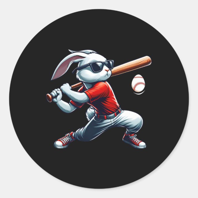 Adesivo Redondo Crianças Felz pascoa Coelhinho Jogando Baseball Le (Frente)